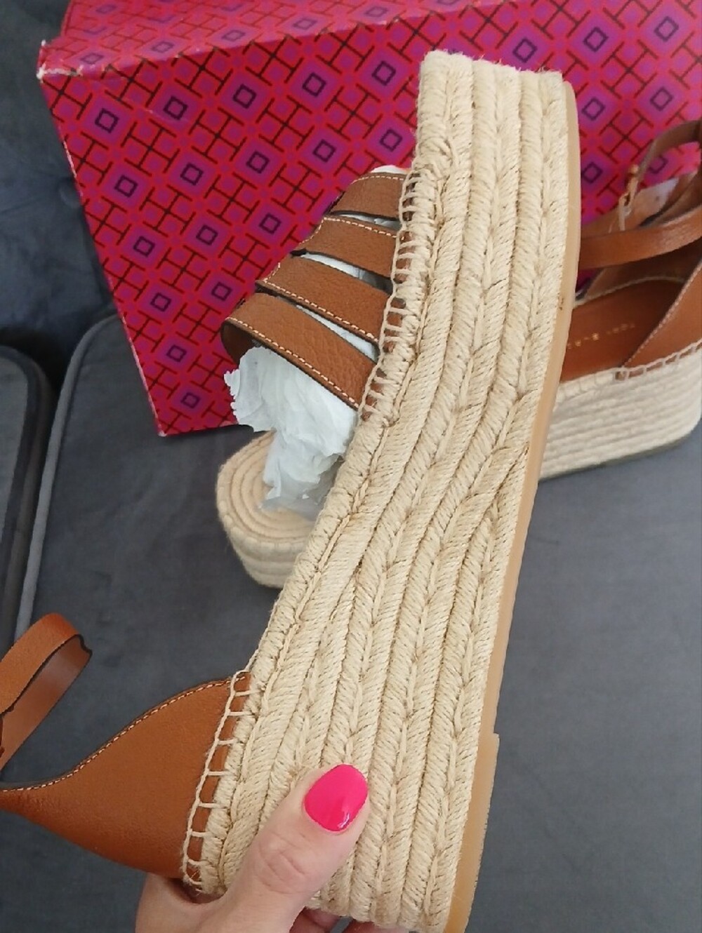 Tory Burch Tan Leather Espadrille Platform Wedge Sandals - Picture 3 of 12